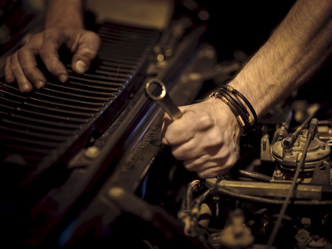 Technician checking engine systems